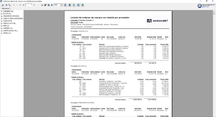 administraNET Gestión - Reporte de facturas por proveedor detallada administraNET